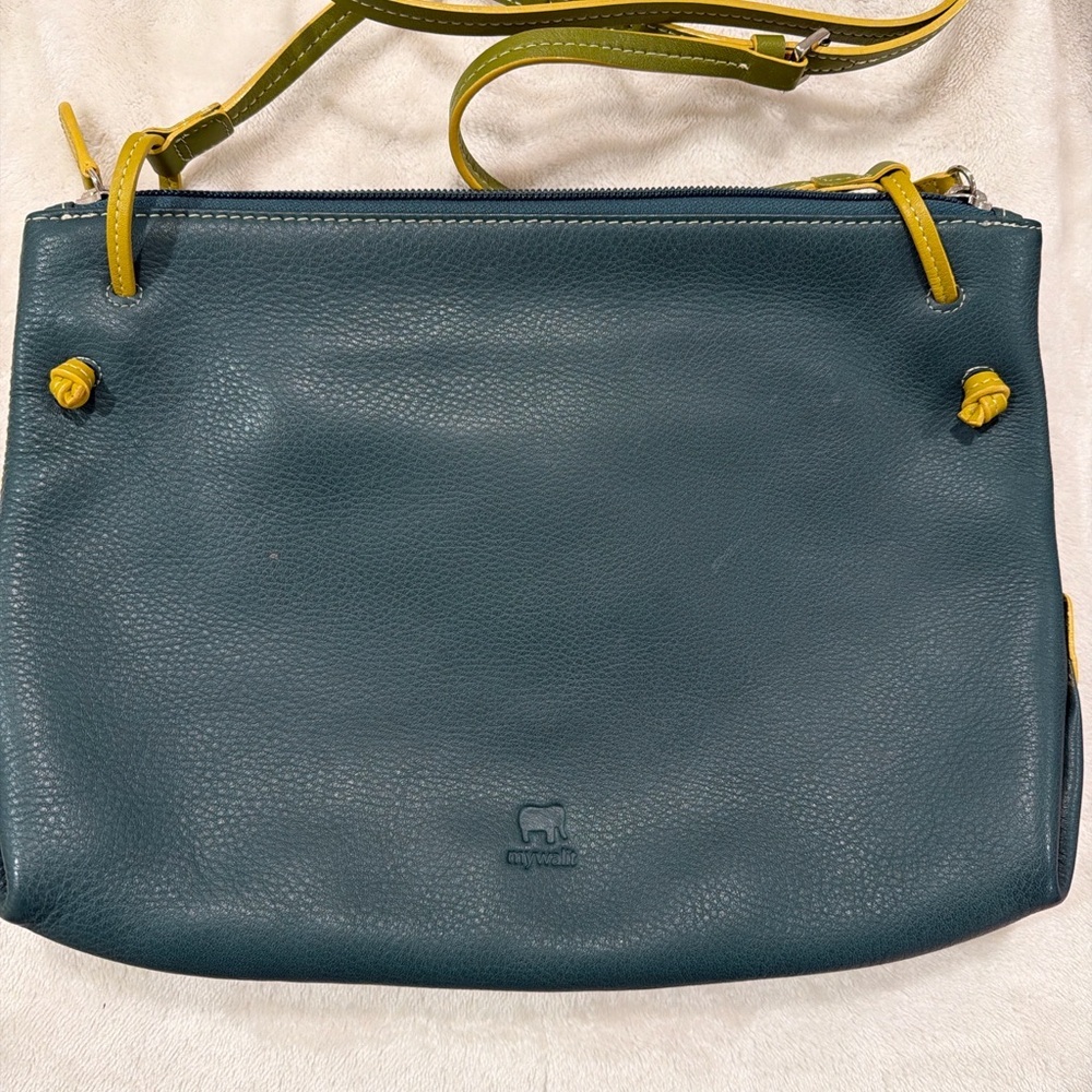 Teal and Yellow Leather Crossbody Bag - Picture 3 of 4
